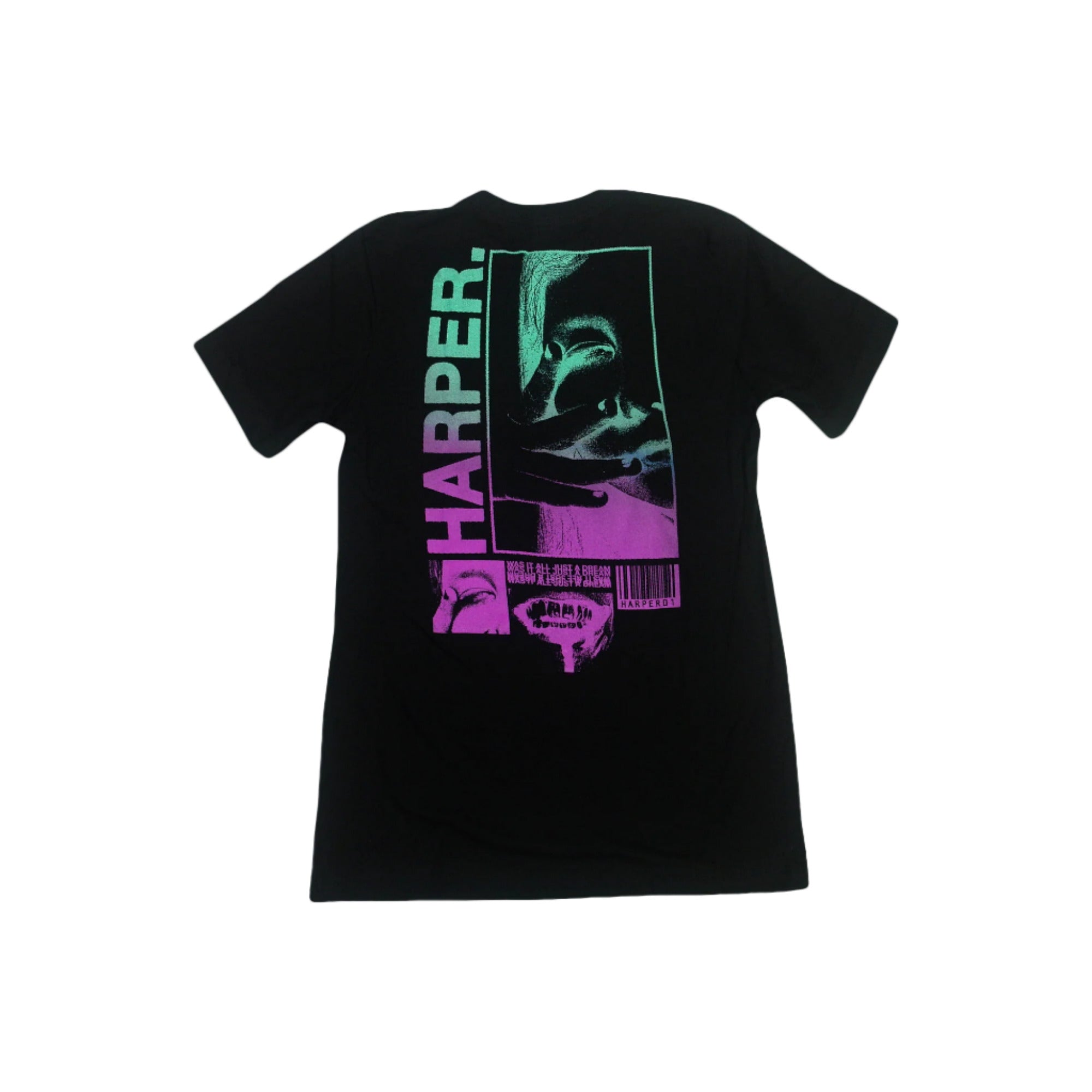 Harper black Bella + Canvas T-shirt in 100% cotton features unisex sizing and a large back graphic—HARPER. in bold purple-green gradient text, abstract images, and a pink/green barcode.
