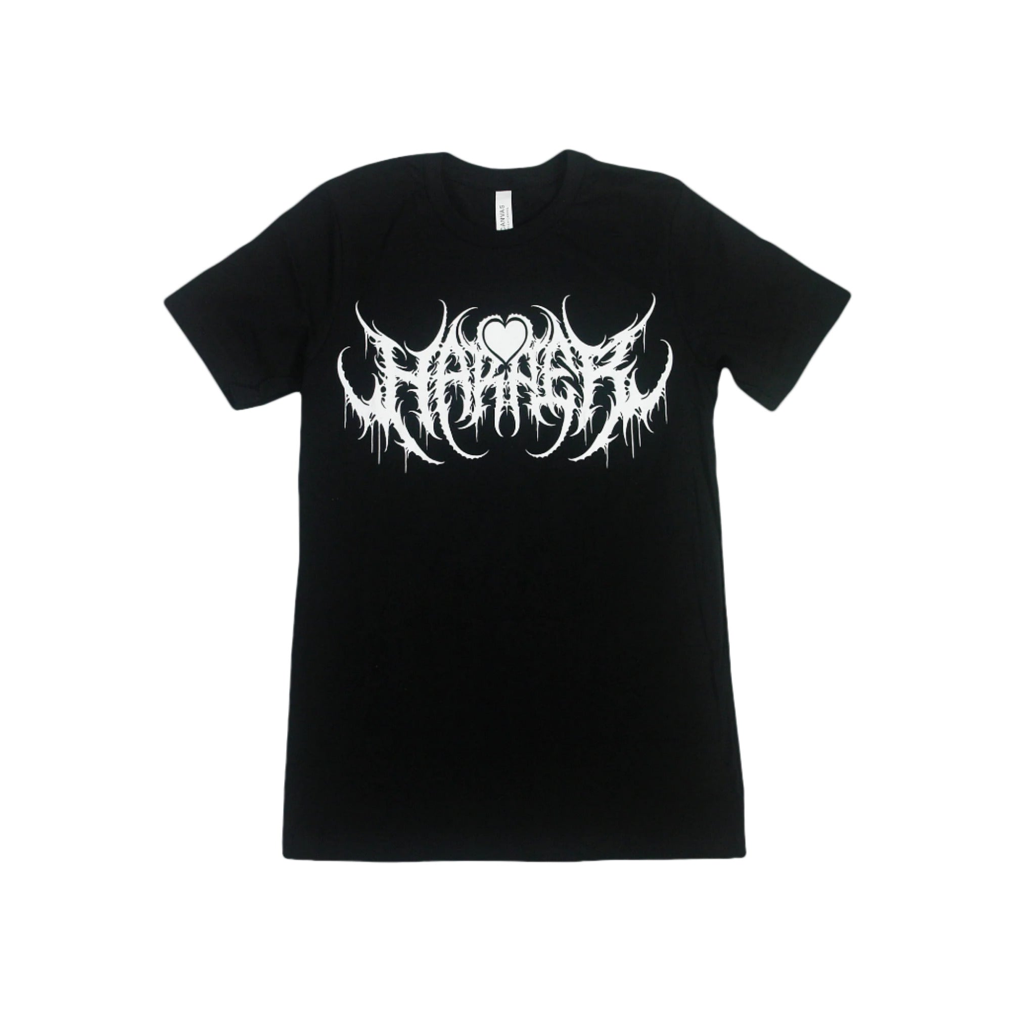 Harper black t-shirt featuring a bold white abstract design in heavy metal band style across the chest. Made from 100% airlume combed cotton for comfort, this Bella + Canvas tee offers unisex sizing and comes with a plain white background.