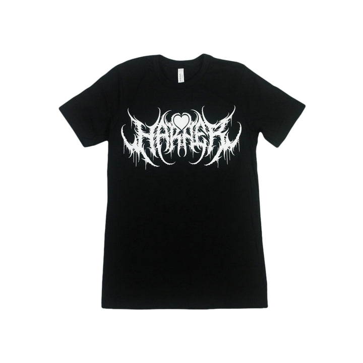 Harper black t-shirt featuring a bold white abstract design in heavy metal band style across the chest. Made from 100% airlume combed cotton for comfort, this Bella + Canvas tee offers unisex sizing and comes with a plain white background.